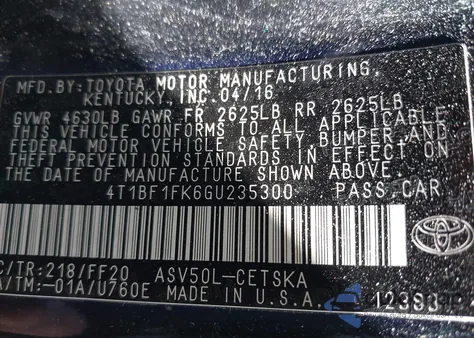 2016 Toyota Camry Se z USA, uszkodzony, nr VIN 4T1BF1FK6GU235300